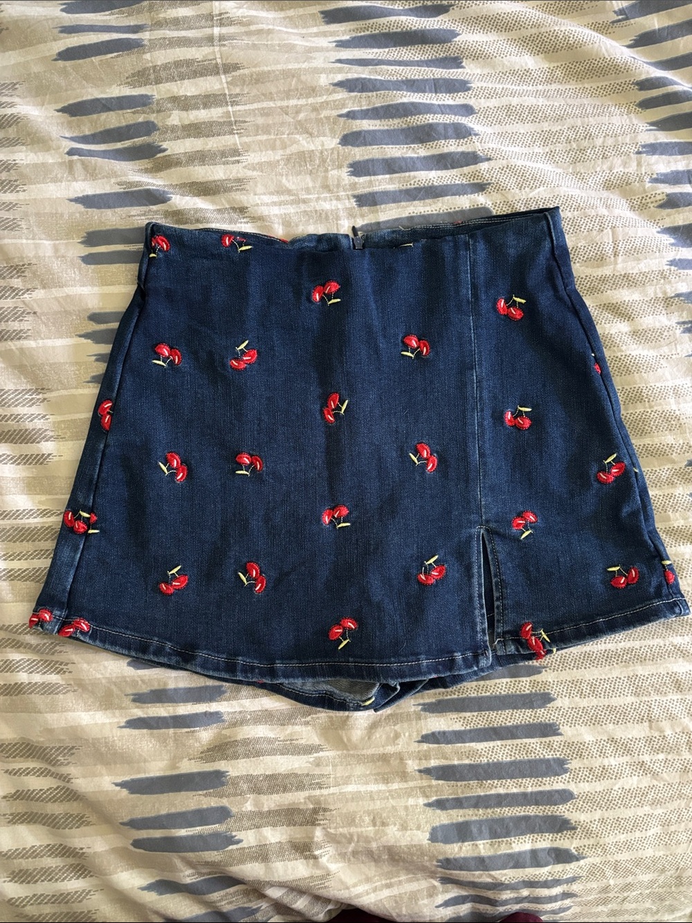 Denim Mini Skort with Red Cherry Embroidery